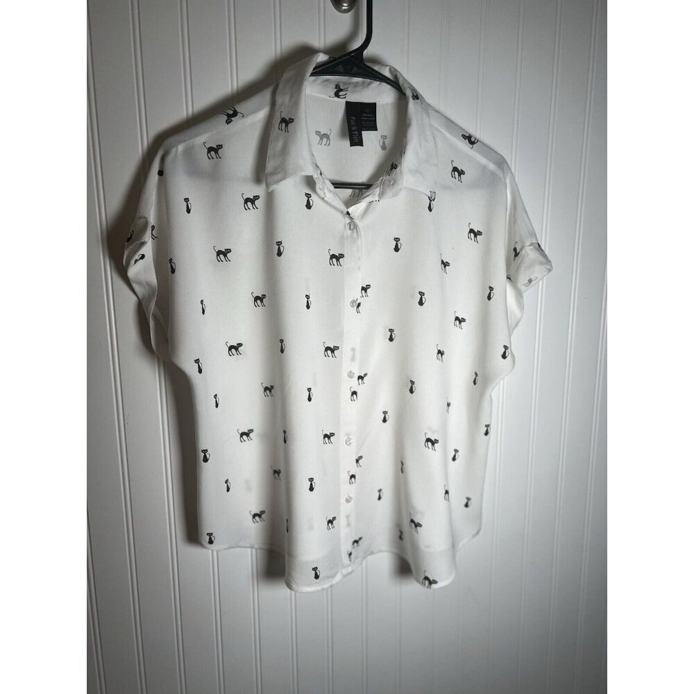 White Blouse With Little Black Cats. Short Sleeved Size M School Work Going Out